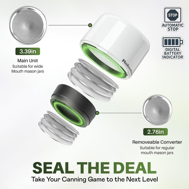 Emson RoboSeal Rechargeable Mason Jar Vacuum Sealer for Mason Jars Wide & Regular Mouth, One Touch Operation, 10 Jar Lids and Jar Opener Included, Digital Battery Indicator, Preserves Foods 5x Longer - Image 5